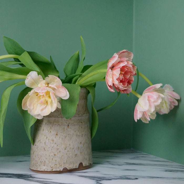 a bunch of pink tulips on a green background. 