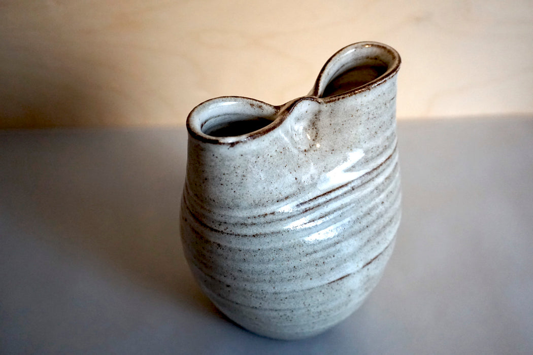 a vase with a squished neck to make two openings at the top. 