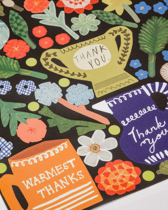 Colorful card with floral designs and 'thank you' text on a black background. Make your own thank you cards | Hadley Paper Goods | Fodder
